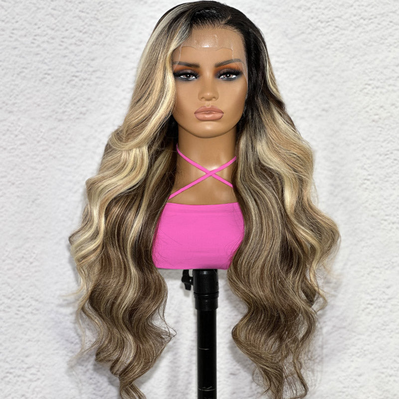 Allove Hair Ombre Brown Blonde Highlights Hair With Black Roots Body Wave/ Straight Lace Front Wigs 180% Density - AlloveHair