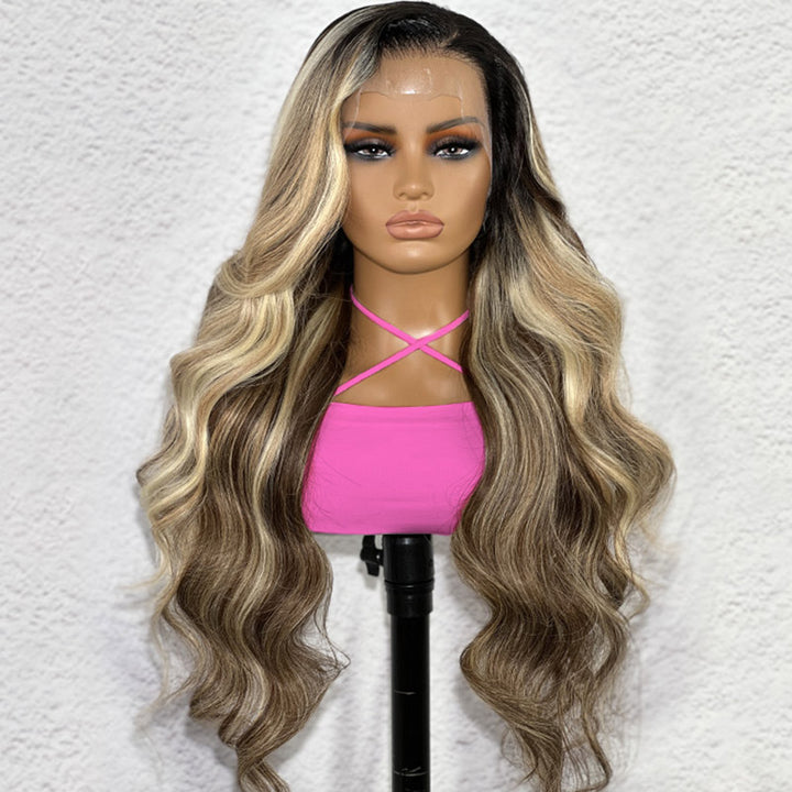 Allove Hair Ombre Brown Blonde Highlights Hair With Black Roots Body Wave/ Straight Lace Front Wigs 180% Density - AlloveHair