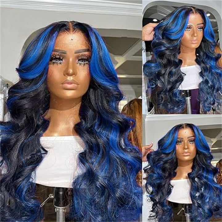 Allove Highlight Blue Color Body Wave 13x4 Transparent Lace Front Color Wigs Glueless Human Hair Wigs For Women 180% Density - AlloveHair