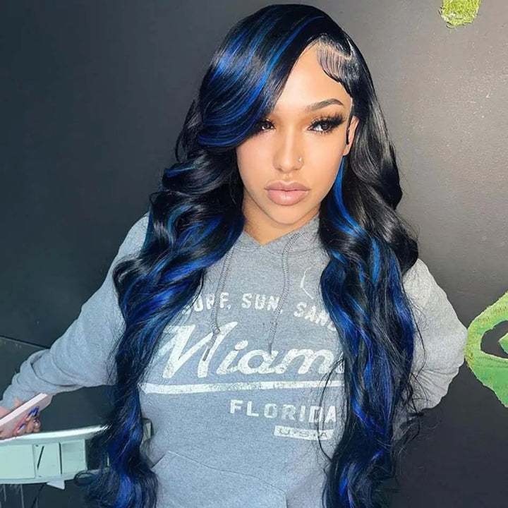 Allove Highlight Blue Color Body Wave 13x4 Transparent Lace Front Color Wigs Glueless Human Hair Wigs For Women 180% Density - AlloveHair