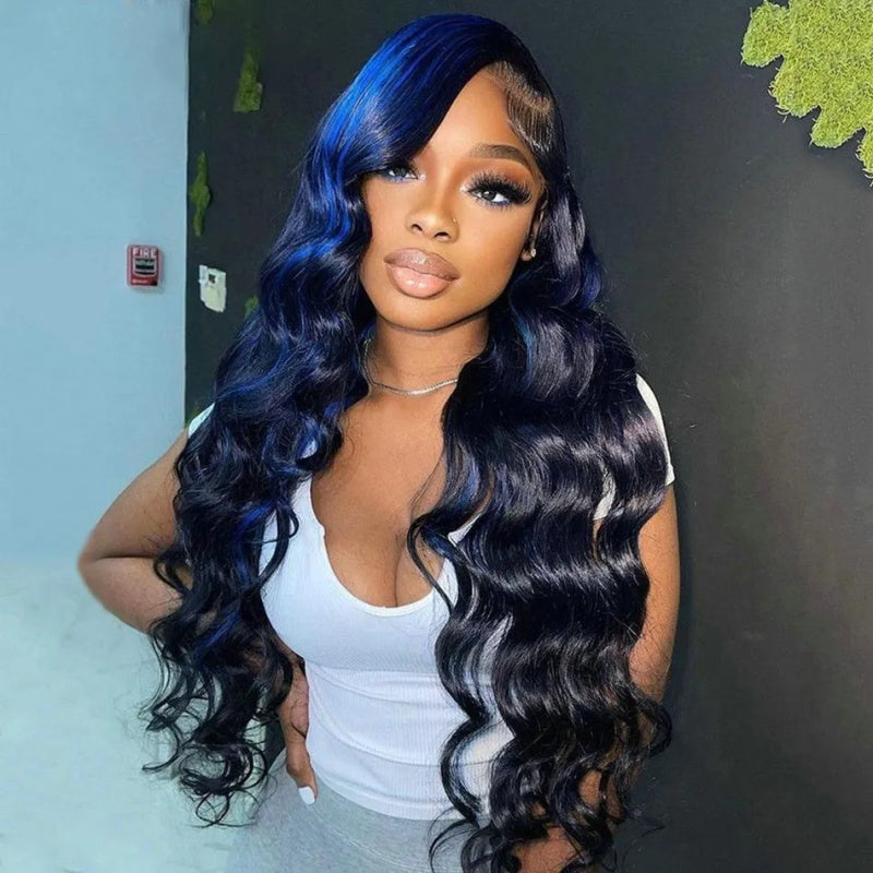 Allove Highlight Blue Color Body Wave 13x4 Transparent Lace Front Color Wigs Glueless Human Hair Wigs For Women 180% Density - AlloveHair