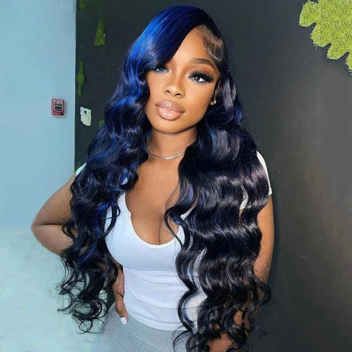 Allove Highlight Blue Color Body Wave 13x4 Transparent Lace Front Color Wigs Glueless Human Hair Wigs For Women 180% Density - AlloveHair