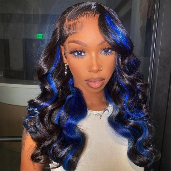 Allove Highlight Blue Color Body Wave 13x4 Transparent Lace Front Color Wigs Glueless Human Hair Wigs For Women 180% Density - AlloveHair