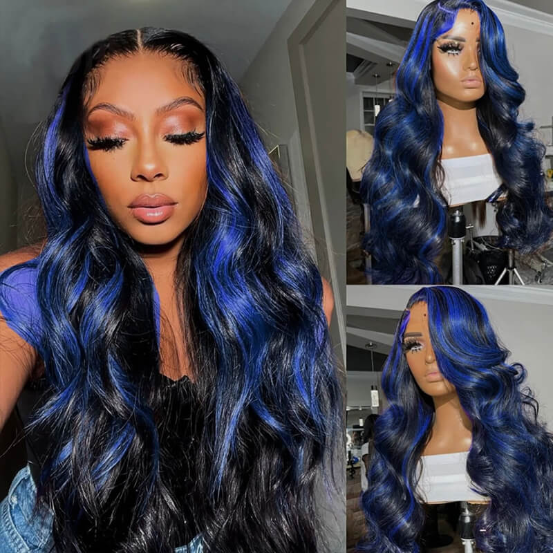 Allove Highlight Blue Color Body Wave 13x4 Transparent Lace Front Color Wigs Glueless Human Hair Wigs For Women 180% Density - AlloveHair