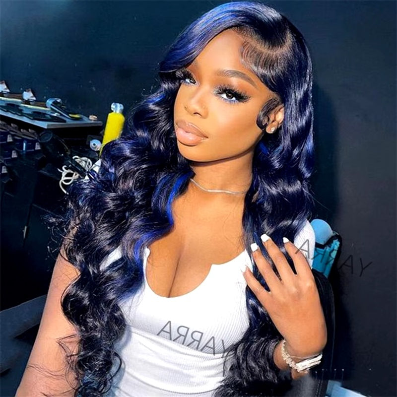 Allove Highlight Blue Color Body Wave 13x4 Transparent Lace Front Color Wigs Glueless Human Hair Wigs For Women 180% Density - AlloveHair