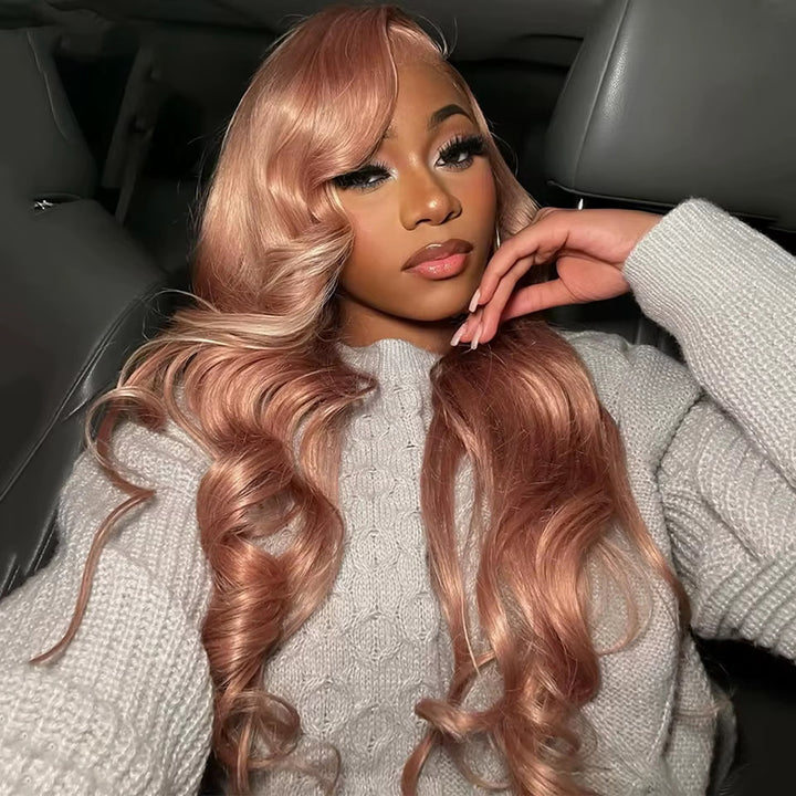 Allove Milk Tea Brown With Pink Blonde Highlight 13x4 HD Lace Front Body Wave Hair Wig 180% Density - AlloveHair
