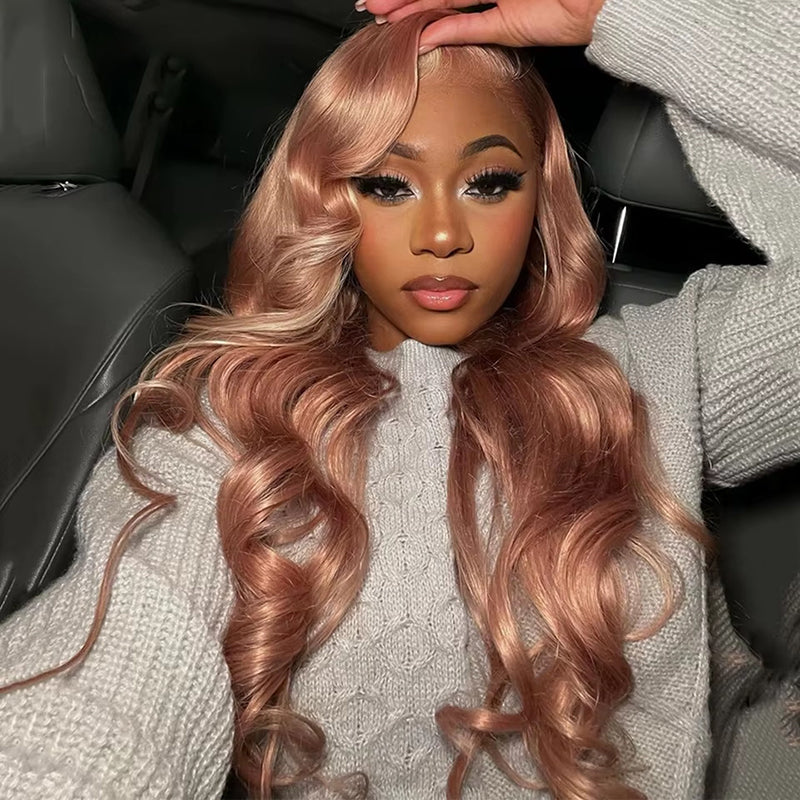 Allove Milk Tea Brown With Pink Blonde Highlight 13x4 HD Lace Front Body Wave Hair Wig 180% Density - AlloveHair