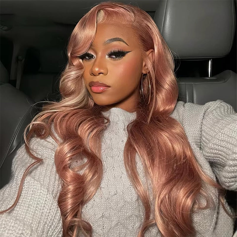 Allove Milk Tea Brown With Pink Blonde Highlight 13x4 HD Lace Front Body Wave Hair Wig 180% Density - AlloveHair