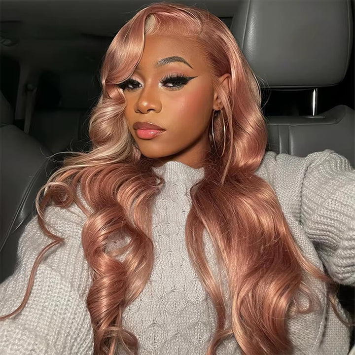 Allove Milk Tea Brown With Pink Blonde Highlight 13x4 HD Lace Front Body Wave Hair Wig 180% Density - AlloveHair