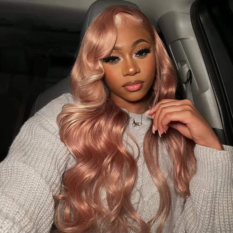 Allove Milk Tea Brown With Pink Blonde Highlight 13x4 HD Lace Front Body Wave Hair Wig 180% Density - AlloveHair