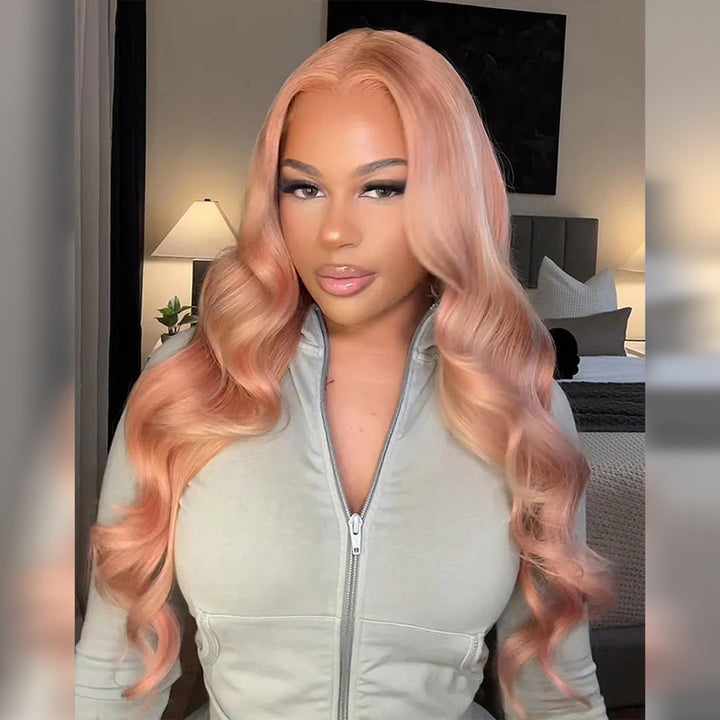 Allove Milk Tea Brown With Pink Blonde Highlight 13x4 HD Lace Front Body Wave Hair Wig 180% Density - AlloveHair