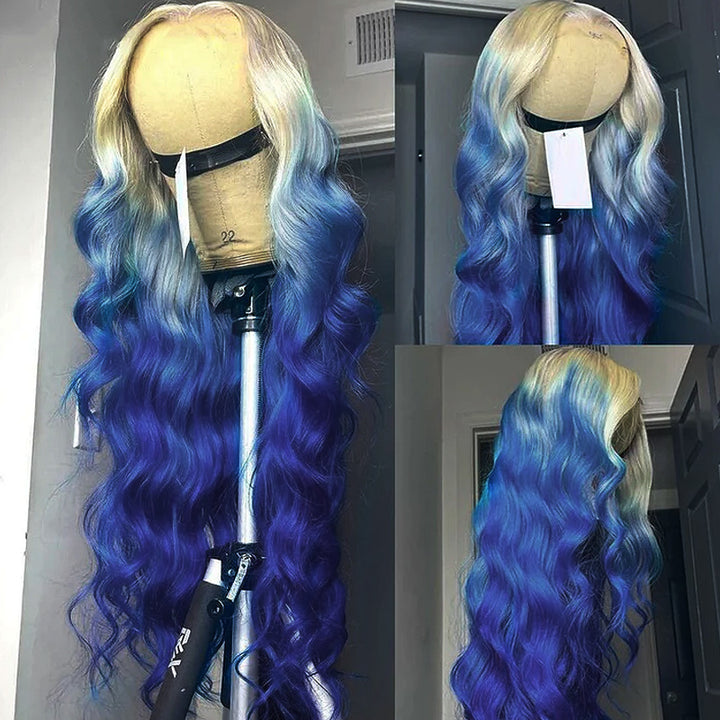 Allove Ombre Blonde Blue Color Human Hair Wigs For Women 13x4 Lace Front Wig Straight/Body Wave Lace Front Wig with Pre Plucked - AlloveHair