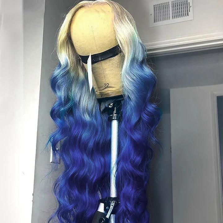 Allove Ombre Blonde Blue Color Human Hair Wigs For Women 13x4 Lace Front Wig Straight/Body Wave Lace Front Wig with Pre Plucked - AlloveHair