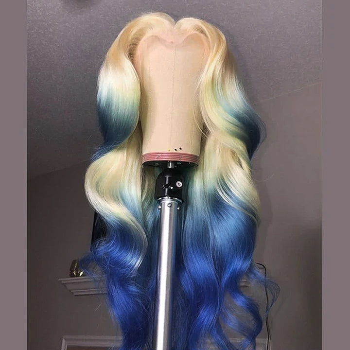 Allove Ombre Blonde Blue Color Human Hair Wigs For Women 13x4 Lace Front Wig Straight/Body Wave Lace Front Wig with Pre Plucked - AlloveHair