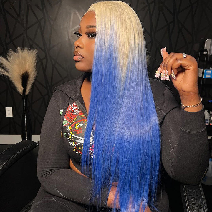 Allove Ombre Blonde Blue Color Human Hair Wigs For Women 13x4 Lace Front Wig Straight/Body Wave Lace Front Wig with Pre Plucked - AlloveHair