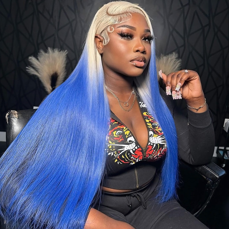 Allove Ombre Blonde Blue Color Human Hair Wigs For Women 13x4 Lace Front Wig Straight/Body Wave Lace Front Wig with Pre Plucked - AlloveHair
