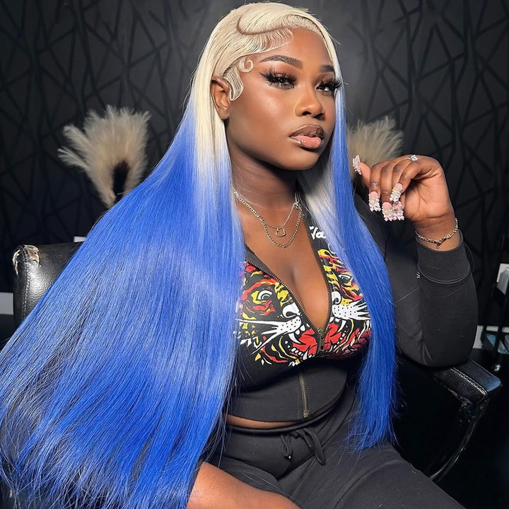 Allove Ombre Blonde Blue Color Human Hair Wigs For Women 13x4 Lace Front Wig Straight/Body Wave Lace Front Wig with Pre Plucked - AlloveHair