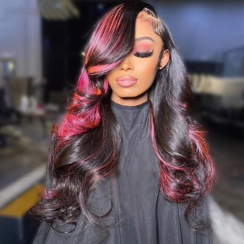 Allove Ombre Highlight 1B With Pink Colored Body Wave Wigs13X4 Full Lace Front Wig Human Hair Pre Plucked With Baby Hair - AlloveHair