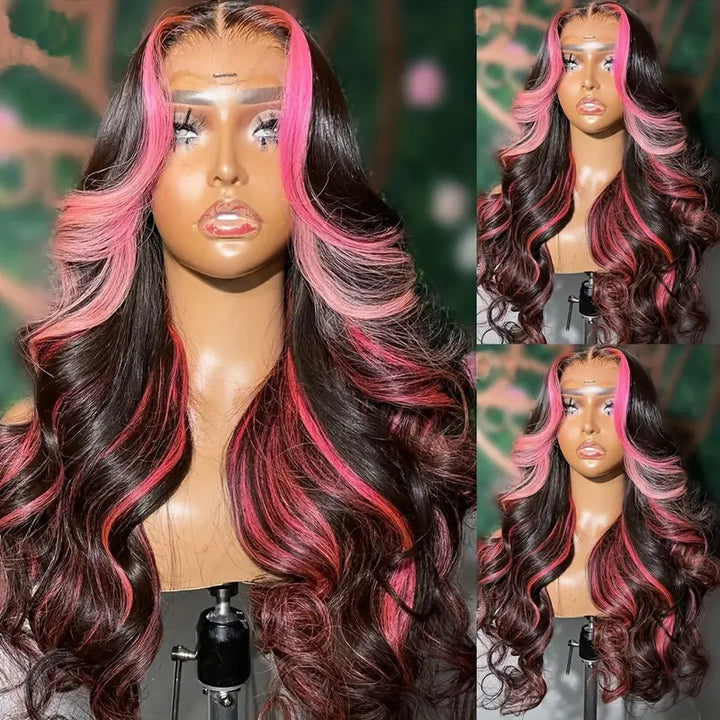 Allove Ombre Highlight 1B With Pink Colored Body Wave Wigs13X4 Full Lace Front Wig Human Hair Pre Plucked With Baby Hair - AlloveHair