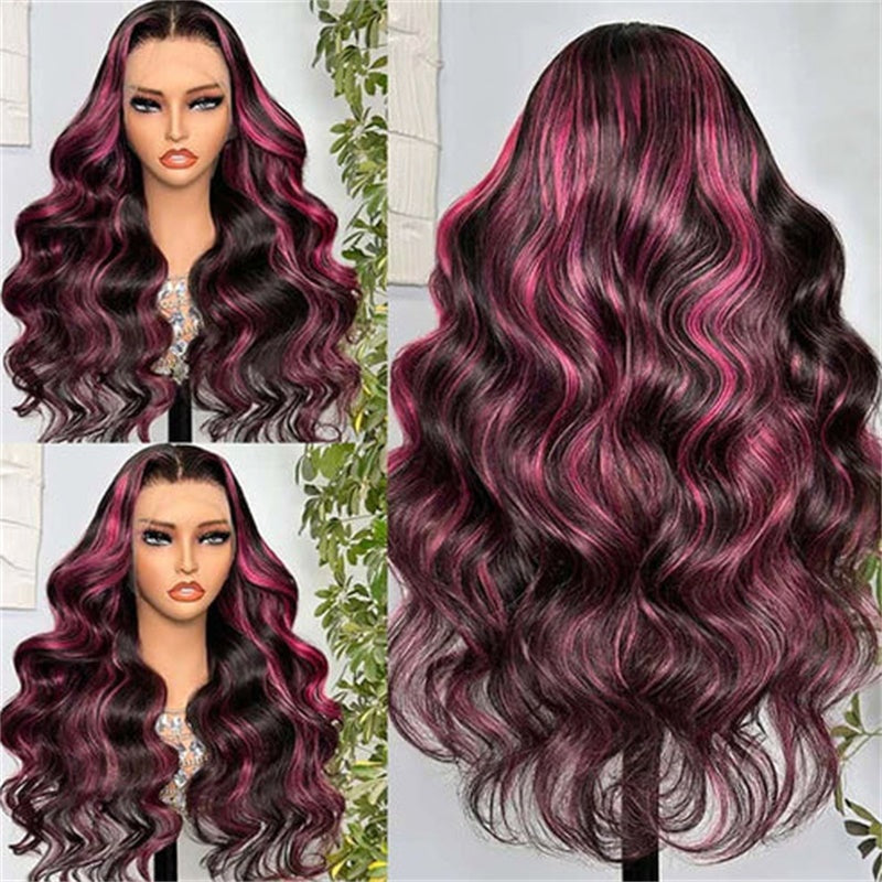 Allove Ombre Highlight 1B With Pink Colored Body Wave Wigs13X4 Full Lace Front Wig Human Hair Pre Plucked With Baby Hair - AlloveHair