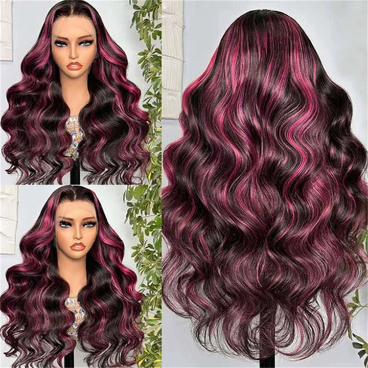 Allove Ombre Highlight 1B With Pink Colored Body Wave Wigs13X4 Full Lace Front Wig Human Hair Pre Plucked With Baby Hair - AlloveHair