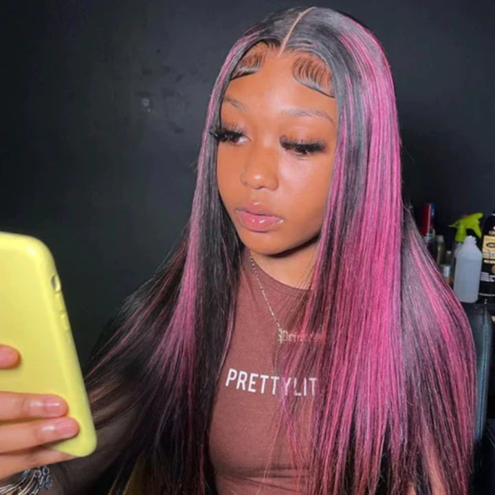 Allove Ombre Highlight 1B With Pink Colored Body Wave Wigs13X4 Full Lace Front Wig Human Hair Pre Plucked With Baby Hair - AlloveHair