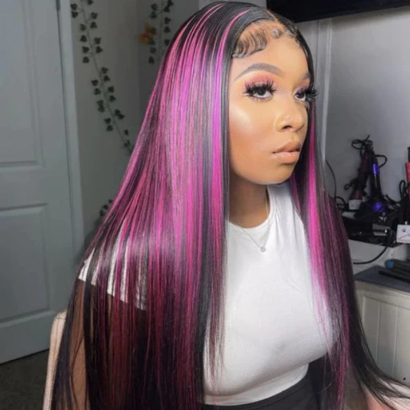 Allove Ombre Highlight 1B With Pink Colored Body Wave Wigs13X4 Full Lace Front Wig Human Hair Pre Plucked With Baby Hair - AlloveHair