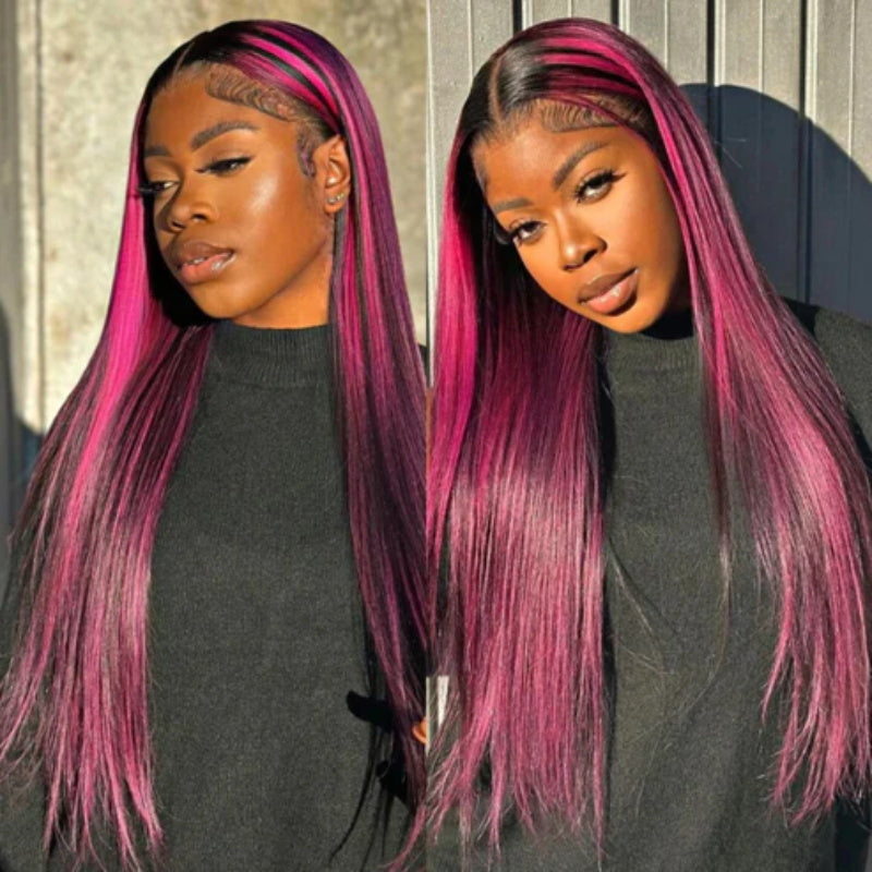 Allove Ombre Highlight 1B With Pink Colored Body Wave Wigs13X4 Full Lace Front Wig Human Hair Pre Plucked With Baby Hair - AlloveHair