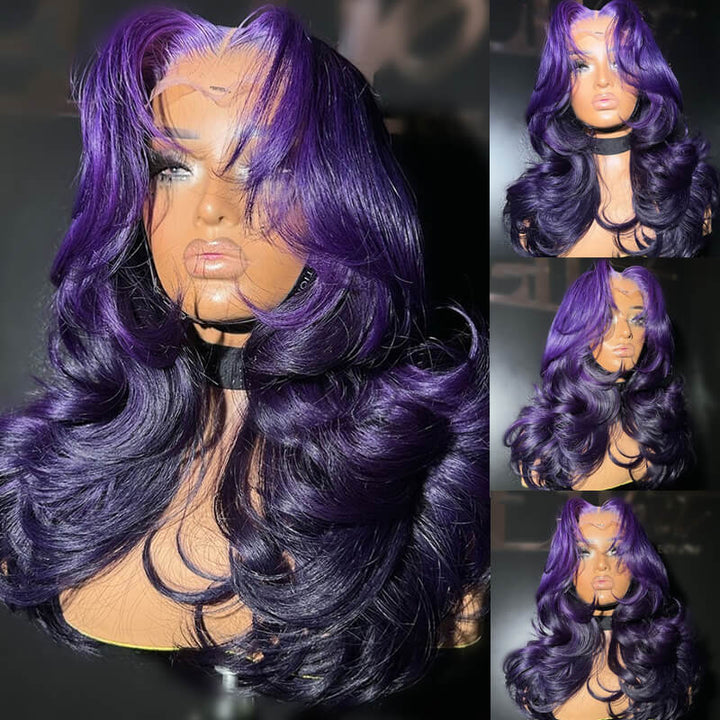 Allove Ombre Two Tones Purple Body Wave HD Lace Front Human Hair Wig with Pre-Plucked Ombre Violet Wig - AlloveHair
