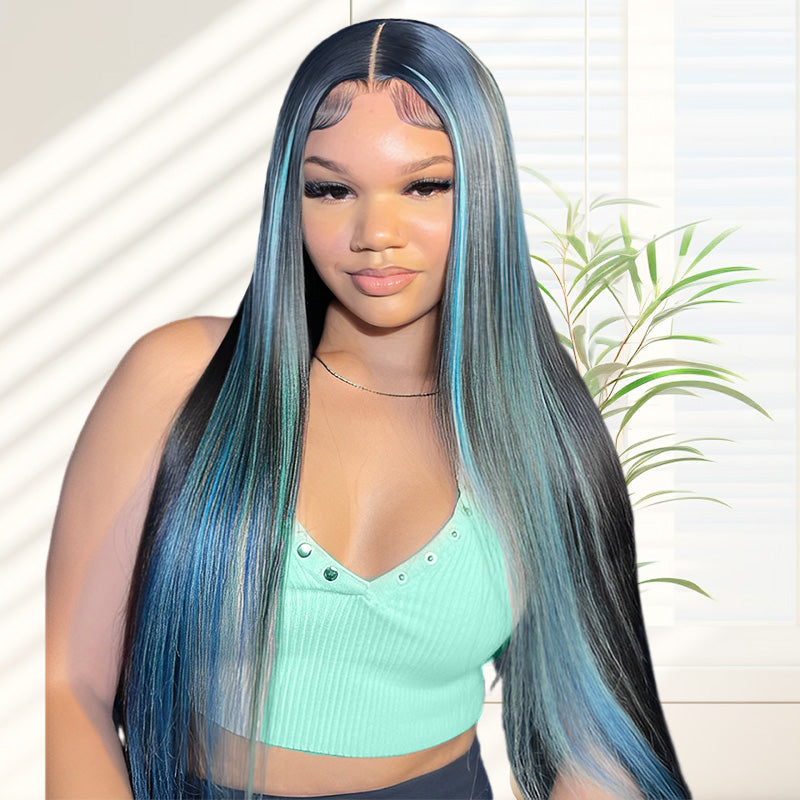 Allove Purple Light Blue Streaks Highlight 13X4 Lace Front Straight Human Hair Wigs with Pre-Pulcked - AlloveHair