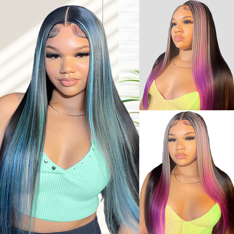 Allove Purple Light Blue Streaks Highlight 13X4 Lace Front Straight Human Hair Wigs with Pre-Pulcked - AlloveHair