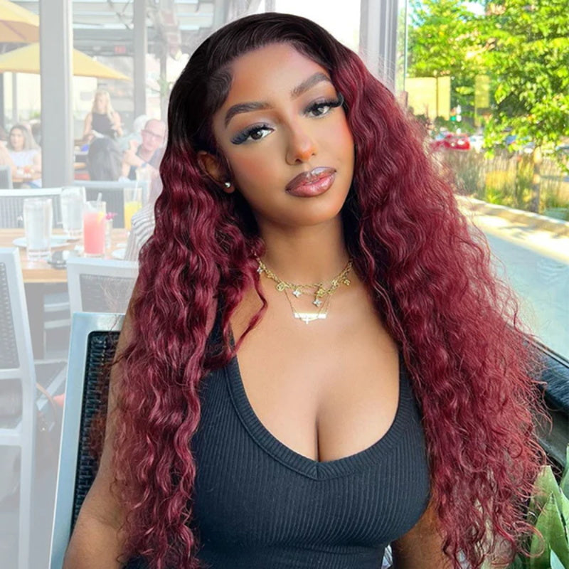 Allove T1B/99J Colored Glueless Wig Dark Root Burgundy Body Wave Human Hair Lace Front Wigs with Pre-plucked - AlloveHair