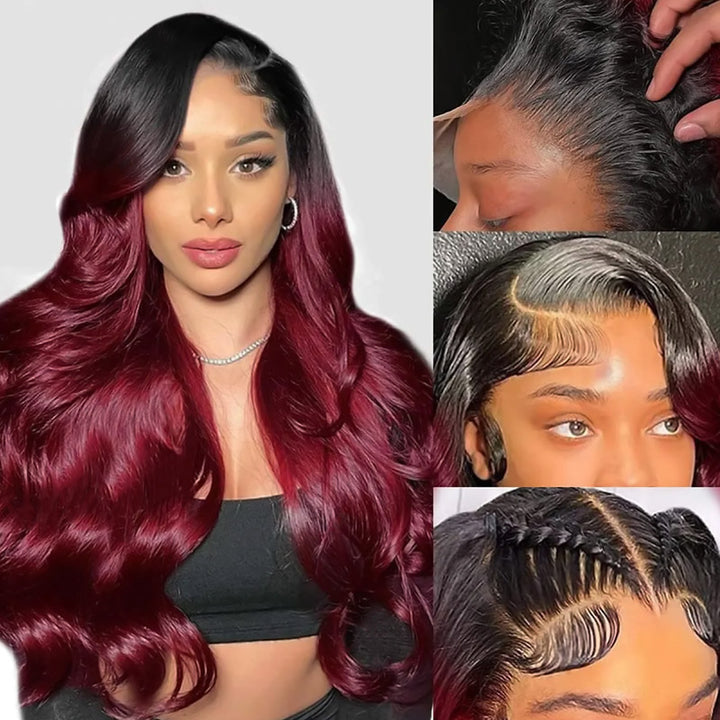 Allove T1B/99J Colored Glueless Wig Dark Root Burgundy Body Wave Human Hair Lace Front Wigs with Pre-plucked - AlloveHair