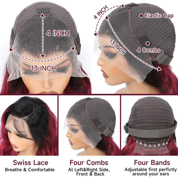 Allove T1B/99J Colored Glueless Wig Dark Root Burgundy Body Wave Human Hair Lace Front Wigs with Pre-plucked - AlloveHair