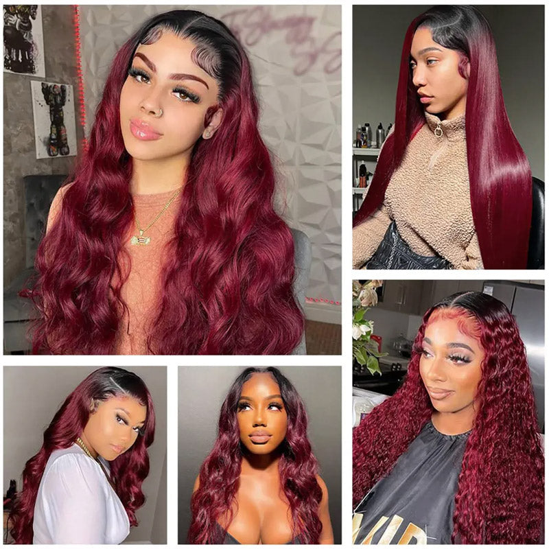 Allove T1B/99J Colored Glueless Wig Dark Root Burgundy Body Wave Human Hair Lace Front Wigs with Pre-plucked - AlloveHair