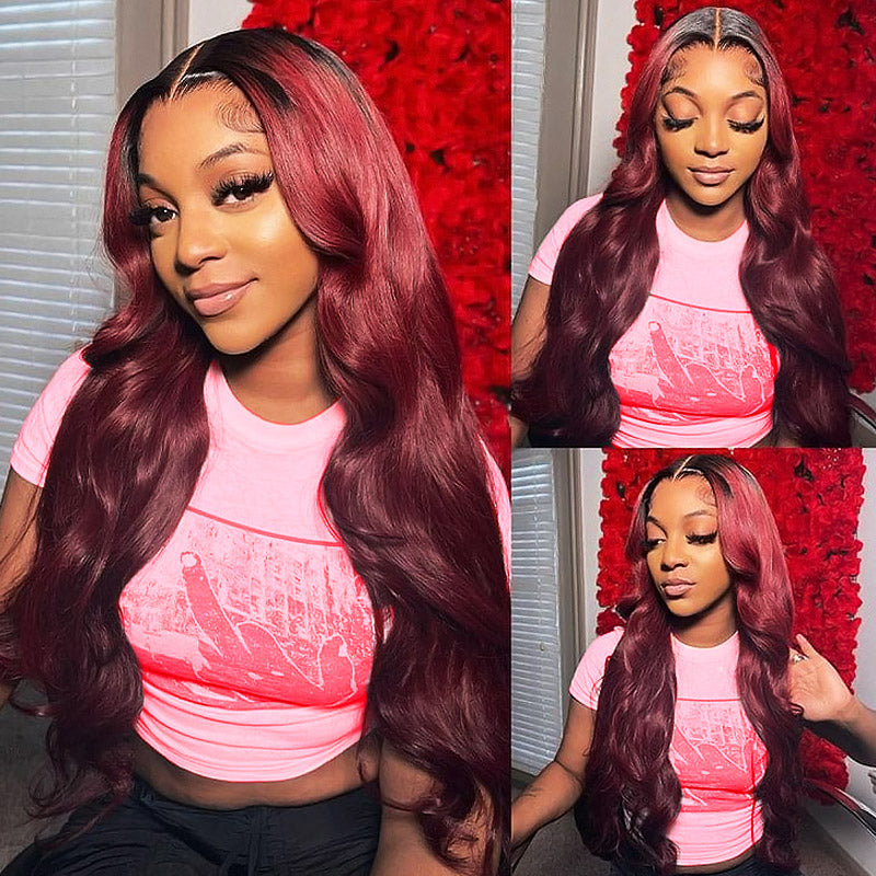 Allove T1B/99J Colored Glueless Wig Dark Root Burgundy Body Wave Human Hair Lace Front Wigs with Pre-plucked - AlloveHair