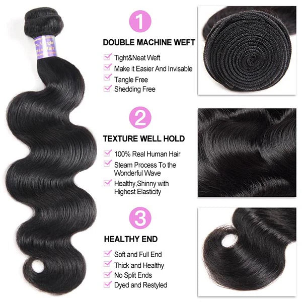 Brazilian Body Wave 3 Bundles with 2x6 HD Lace Deep Part Closure Virgin Human Hair - AlloveHair