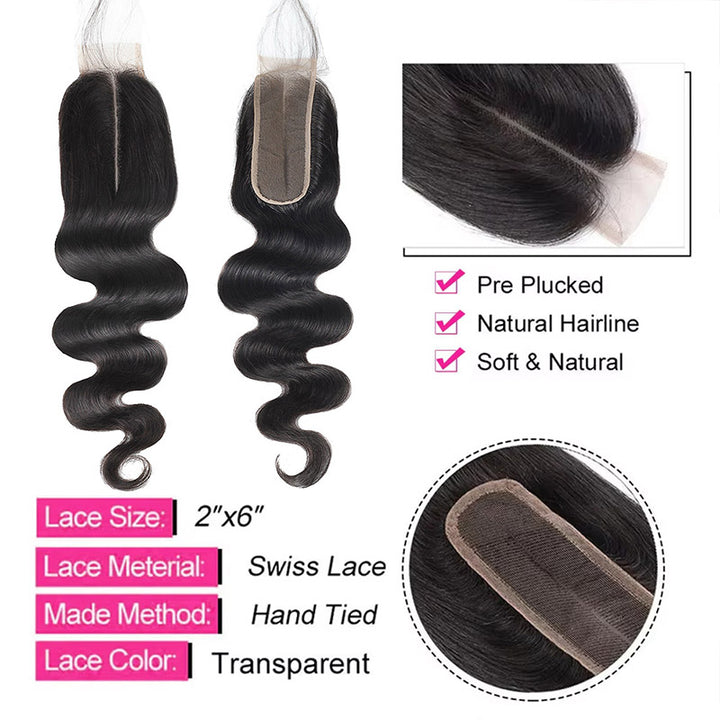 Brazilian Body Wave 3 Bundles with 2x6 HD Lace Deep Part Closure Virgin Human Hair - AlloveHair