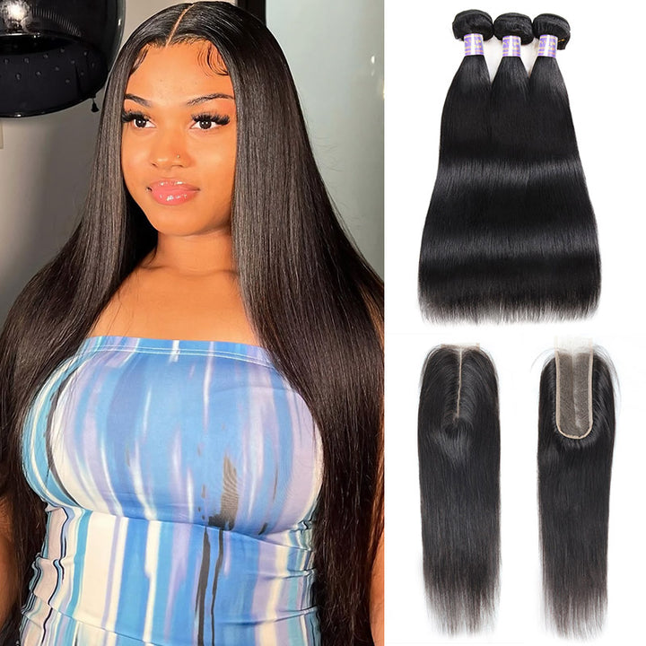 Brazilian Straight Hair 3 Bundles With HD Lace Deep Part 2x6 Closure Human Hair Weave - AlloveHair