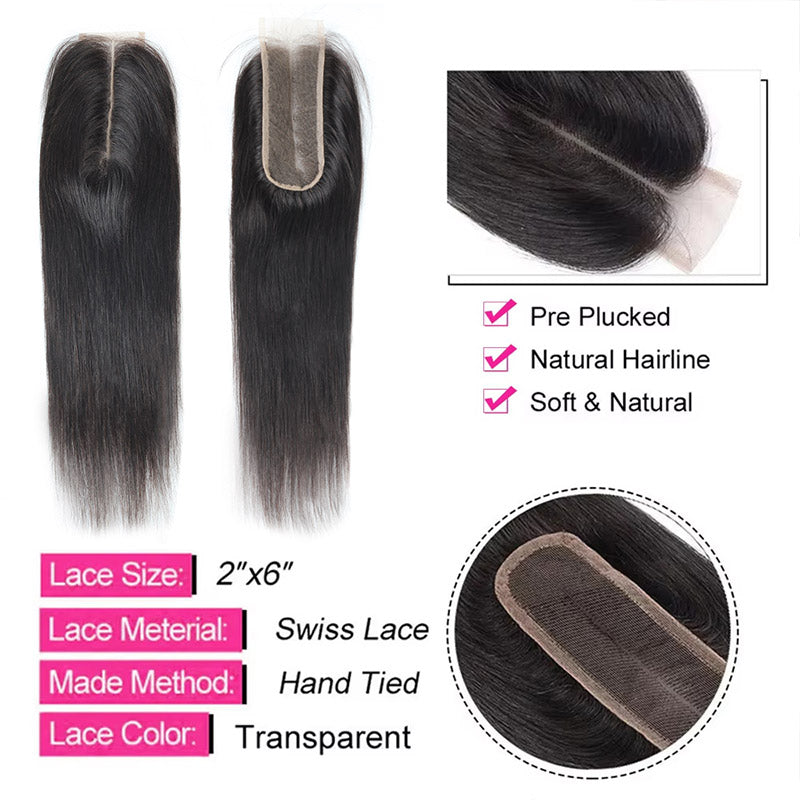 Brazilian Straight Hair 3 Bundles With HD Lace Deep Part 2x6 Closure Human Hair Weave - AlloveHair