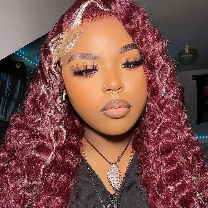 Skunk Stripe 99J Burgundy Blonde Body Wave 13x4 Transparent Lace Front Human Hair Wig