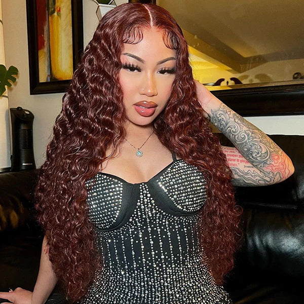 Allove Reddish Brown 33# Color Human Hair Water Wave 13x4 Lace Front Wigs Pre-Plucked Colored Wigs