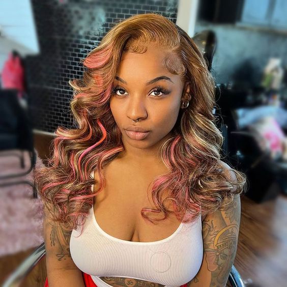 Allove Side Part Pink Balayage On #4 Light Brown Hair Wigs Body Wave 13x4 Lace Front Wigs