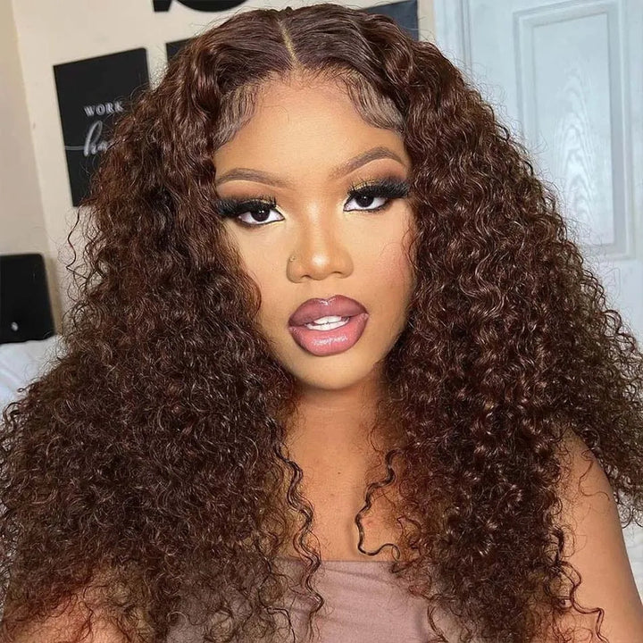 #4 Brown Colored Deep Wave Lace Front Wig 13x4 Transparent Lace Frontal Wig Pre-Plucked Human Hair Wig