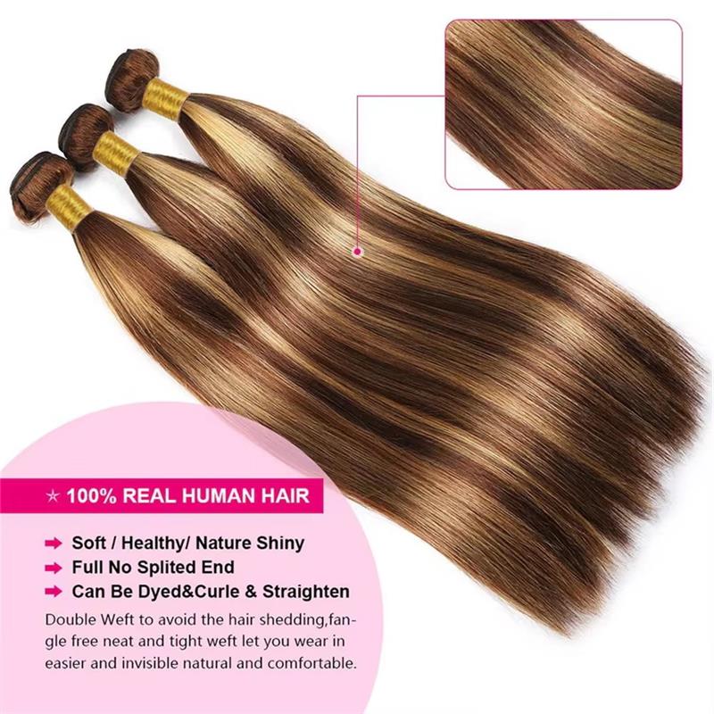 Honey Blonde Brazilian Highlight Straight Hair 3 Bundles With 2x6 Lace Closure - AlloveHair