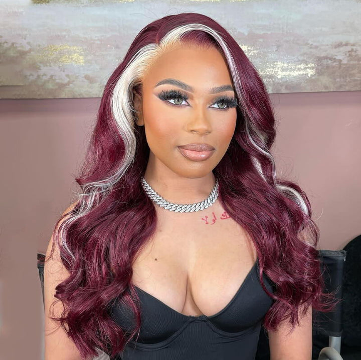 Skunk Stripe 99J Burgundy Blonde Body Wave 13x4 Transparent Lace Front Human Hair Wig