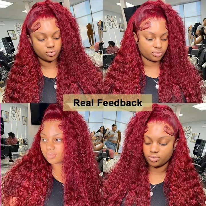 99J 13x6 Deep Wave Burgundy Lace Front Wigs Human Hair Transparent Lace Frontal Wigs 180% Density Pre Plucked Wigs