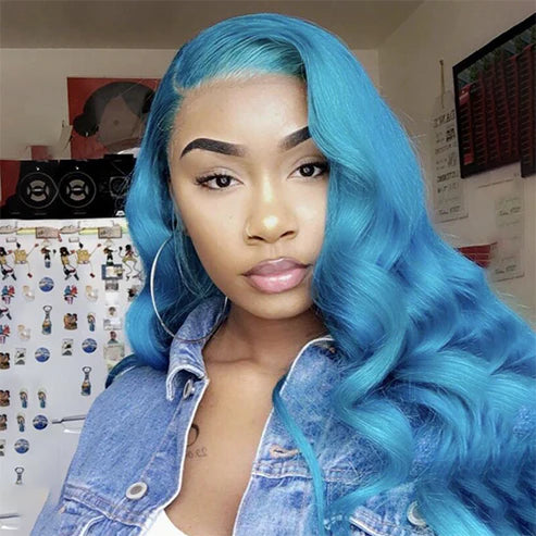 Light Sky Blue Body Wave 13x4 Lace Frontal Wig With Pre plucked Colored Human Hair Wig - AlloveHair