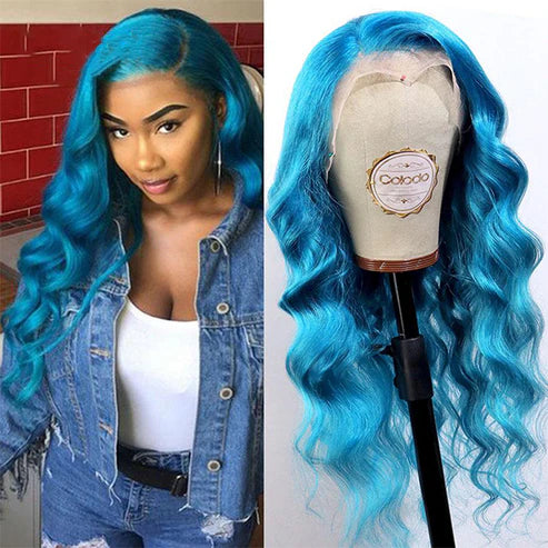 Light Sky Blue Body Wave 13x4 Lace Frontal Wig With Pre plucked Colored Human Hair Wig - AlloveHair