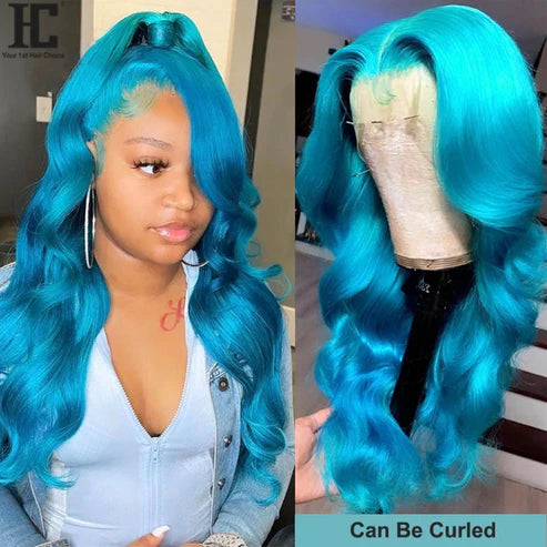 Light Sky Blue Body Wave 13x4 Lace Frontal Wig With Pre plucked Colored Human Hair Wig - AlloveHair